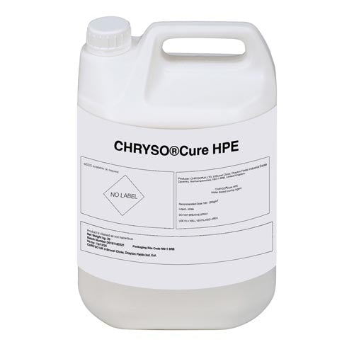 20L container of Chrysocure HPE, a water based curing agent for improving the surface of freshly cast concrete.